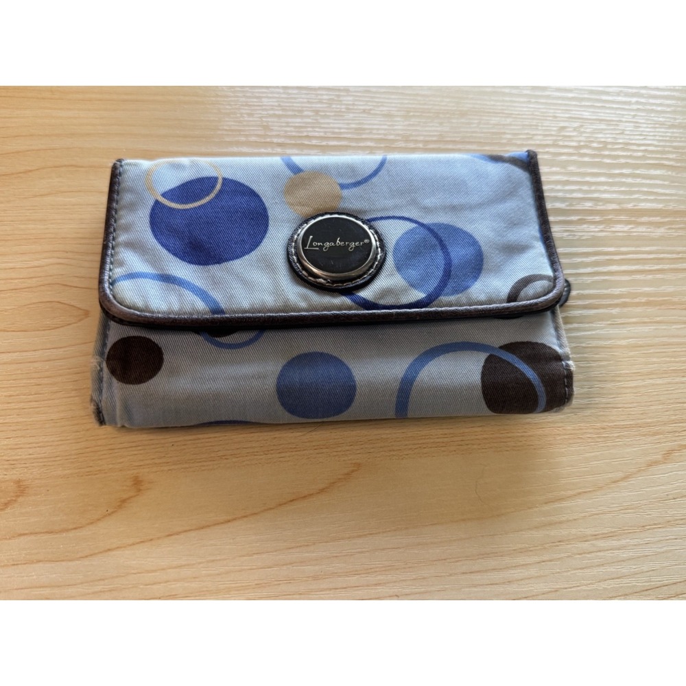Longaberger Fabric Tri-Fold Wallet Blue Brown Circle Print Casual Accessory